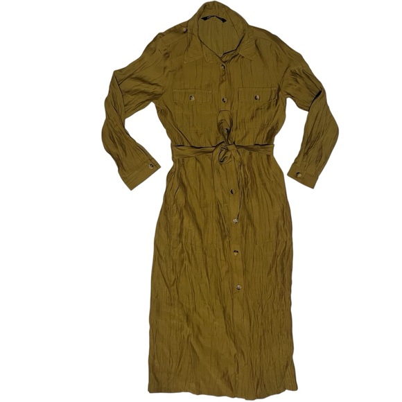 Zara Shirt Dress Tan Camel Color Pockets Belt Long Sleeve Size X-small Collar - Picture 6 of 15
